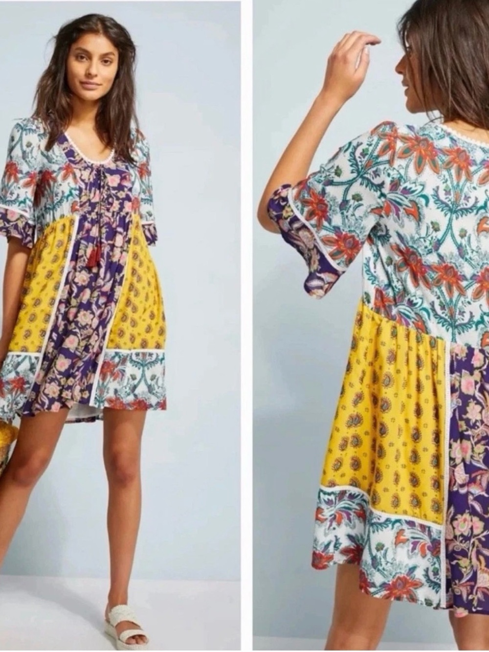 Anthropologie Lilka Boho Patchwork Floral Swing Dress in Yellow, Purple, White